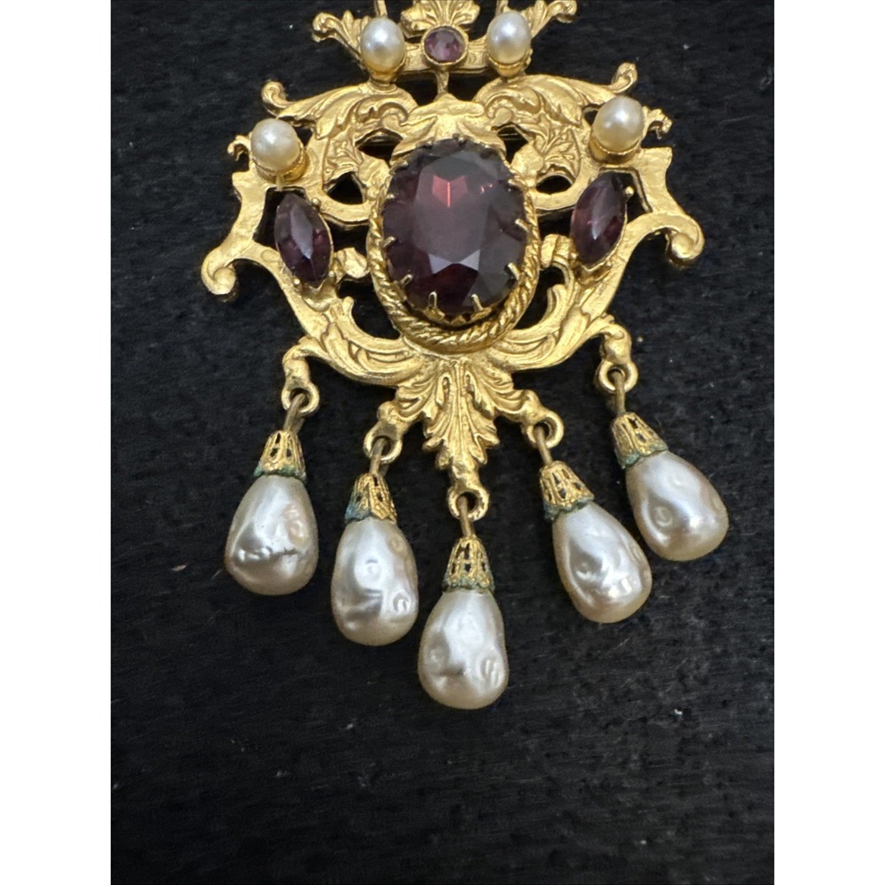 Coro Craft Rare Victorian Revival 1940's Gold Tone Brooch Faux Amethyst Baroque - Picture 3 of 9